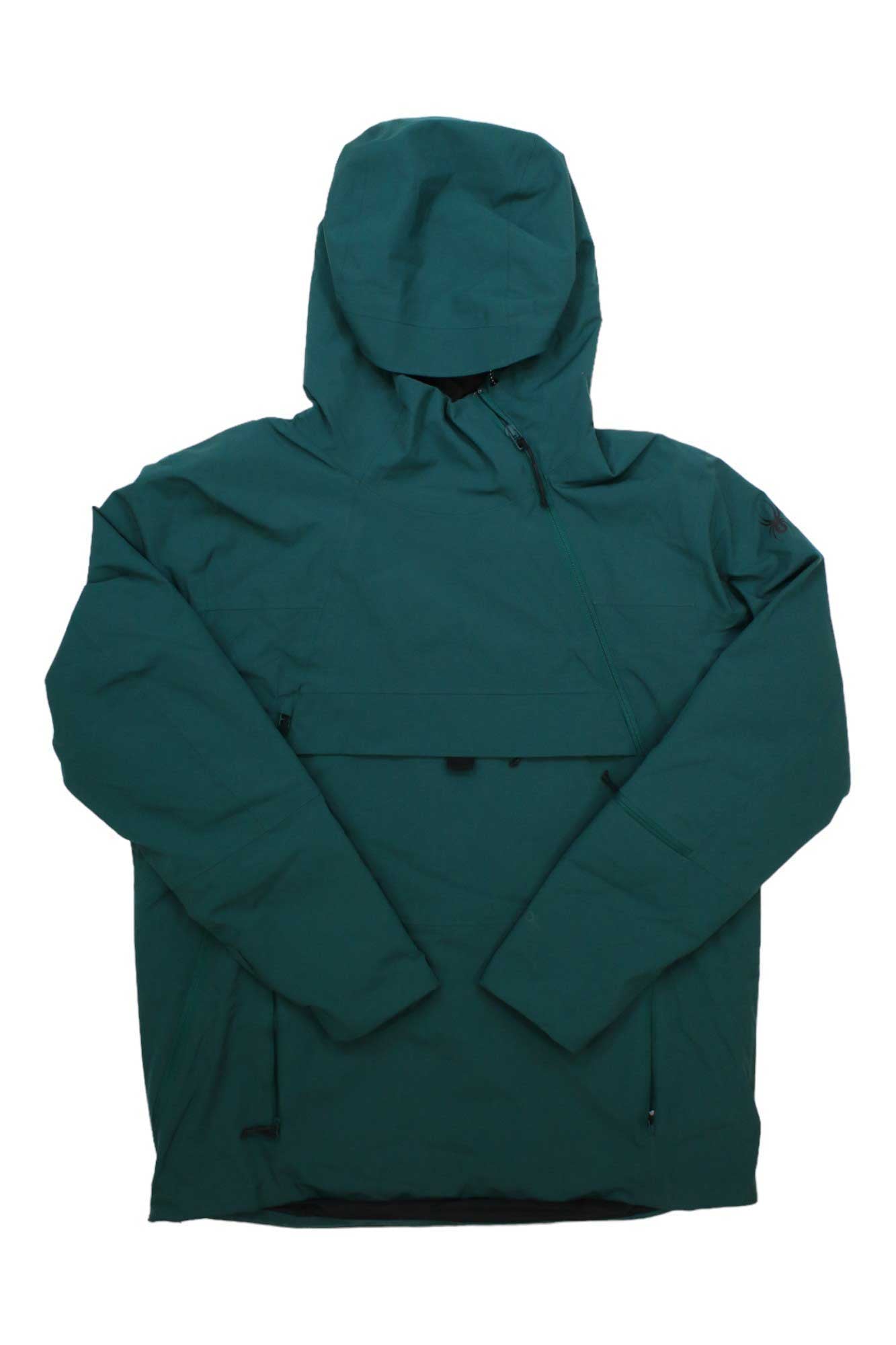 A Spyder Mens All Out Anorak insulated ski jacket in dark green, featuring long sleeves and a front zipper, is laid flat on a white background.
