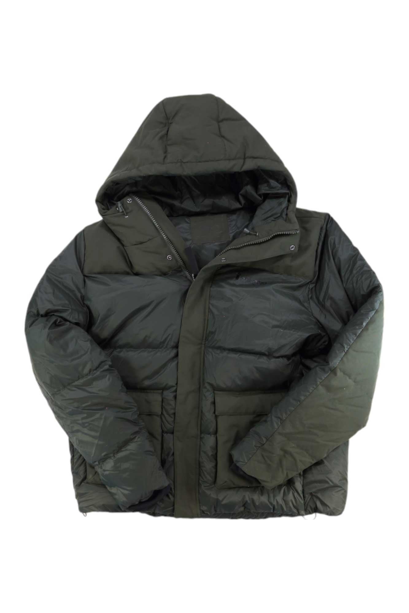 The Cotopaxi Men's Solazo Down Parka, a dark green insulated winter jacket with a hood, front zipper, and two large front pockets, is laid flat on a white background.