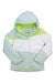 The Spyder Girls Zoey Jacket is an insulated, waterproof ski jacket in light blue, white, and lime green with color-blocked sections, long sleeves, a front zipper, and a visible brand label inside the collar.