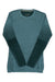 The Smartwool Women's Intraknit Thermal Merino Pattern Crew Base Layer Top is a teal, long-sleeve sweater with dark green sleeves and light stripes on the upper arms. It features a round neckline and offers a slim, cozy fit.