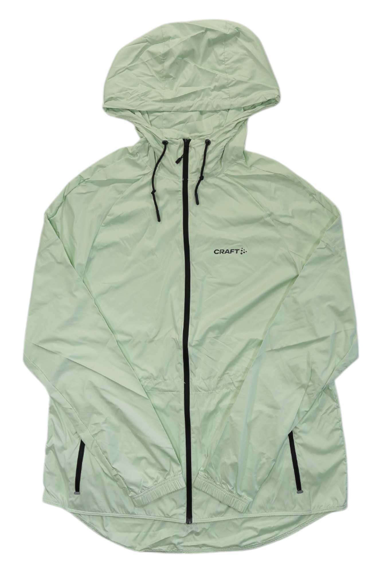Women’s wind jacket with hood, light green, full-zip front and side zip pockets.