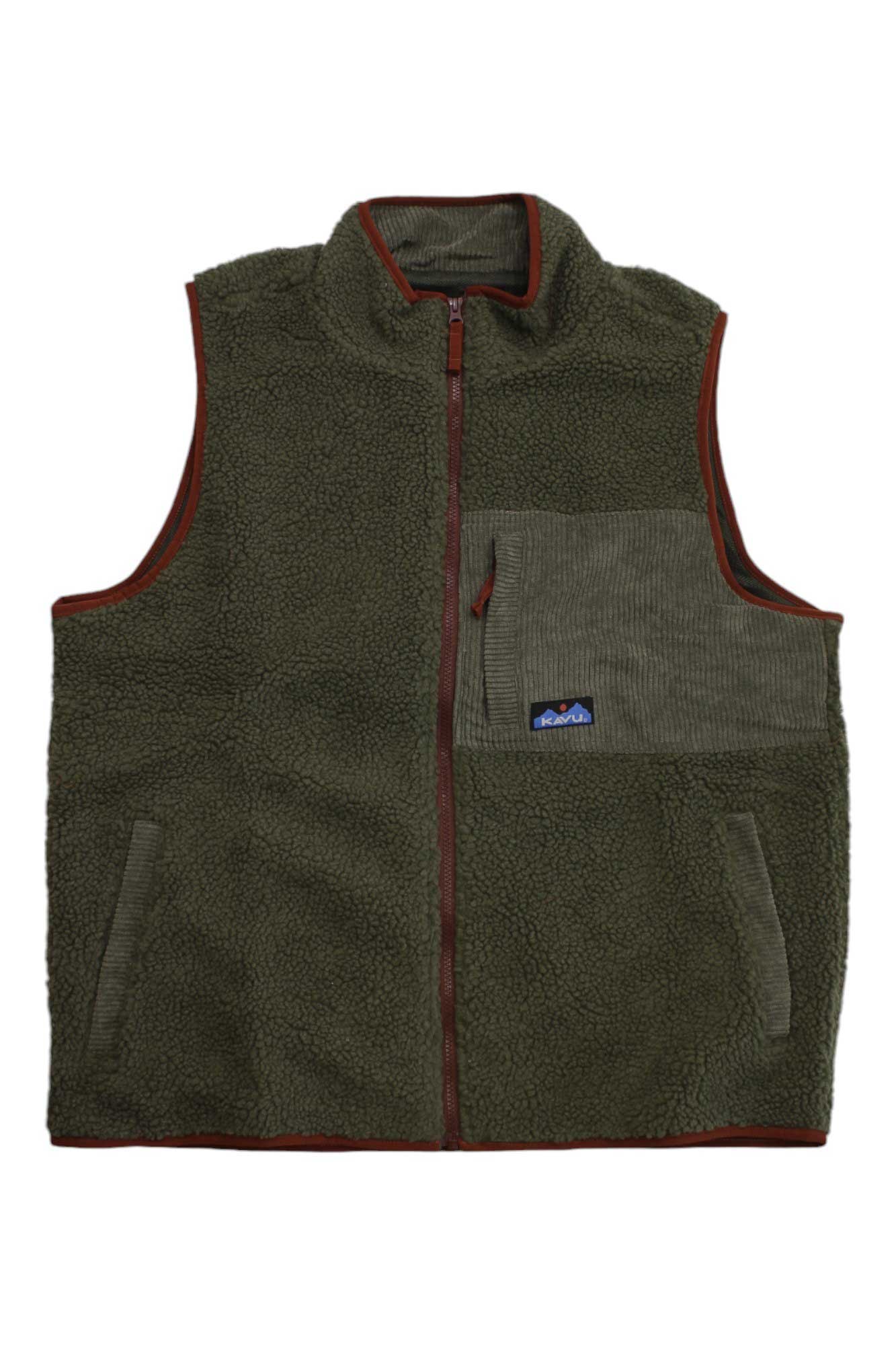 The Kavu Mens Cooper Vest in olive green is made from recycled polyester, featuring a front zipper, brown trim, corduroy chest pocket with blue patch, and two side pockets—perfect sherpa fleece vest for casual men's layering.