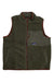 The Kavu Mens Cooper Vest in olive green is made from recycled polyester, featuring a front zipper, brown trim, corduroy chest pocket with blue patch, and two side pockets—perfect sherpa fleece vest for casual men's layering.