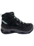 The KEEN Women's Circadia Mid Polar Boot in black and gray has light gray laces, blue accents, rugged sole, ankle support, waterproof insulation, a thermal heat shield insole, and a back loop for easy on/off.