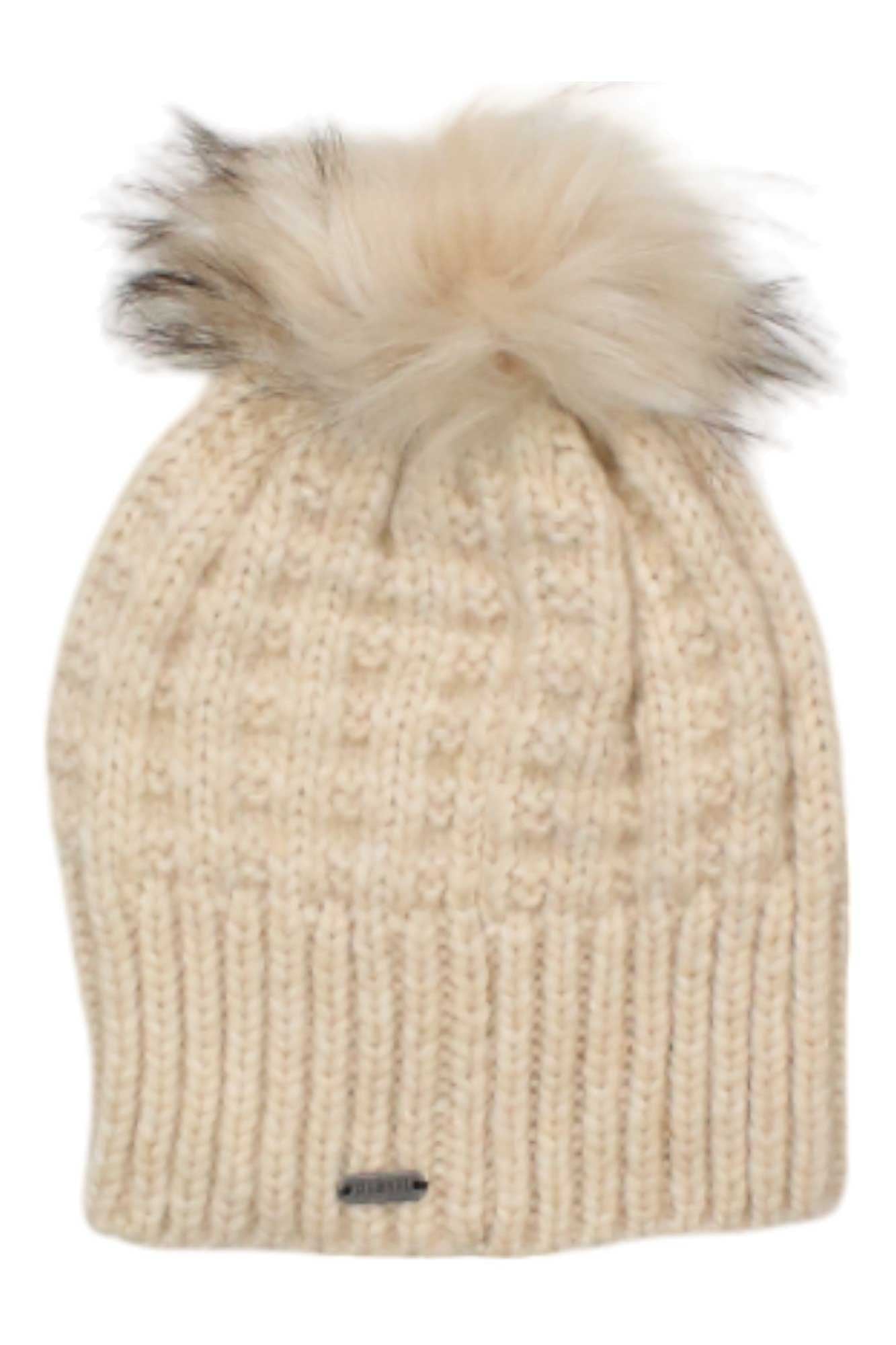 The Pistil Women's Cami Beanie is a cream chunky knit winter hat featuring a thick ribbed texture and topped with a large faux fur pom—perfect for cozy, stylish warmth.