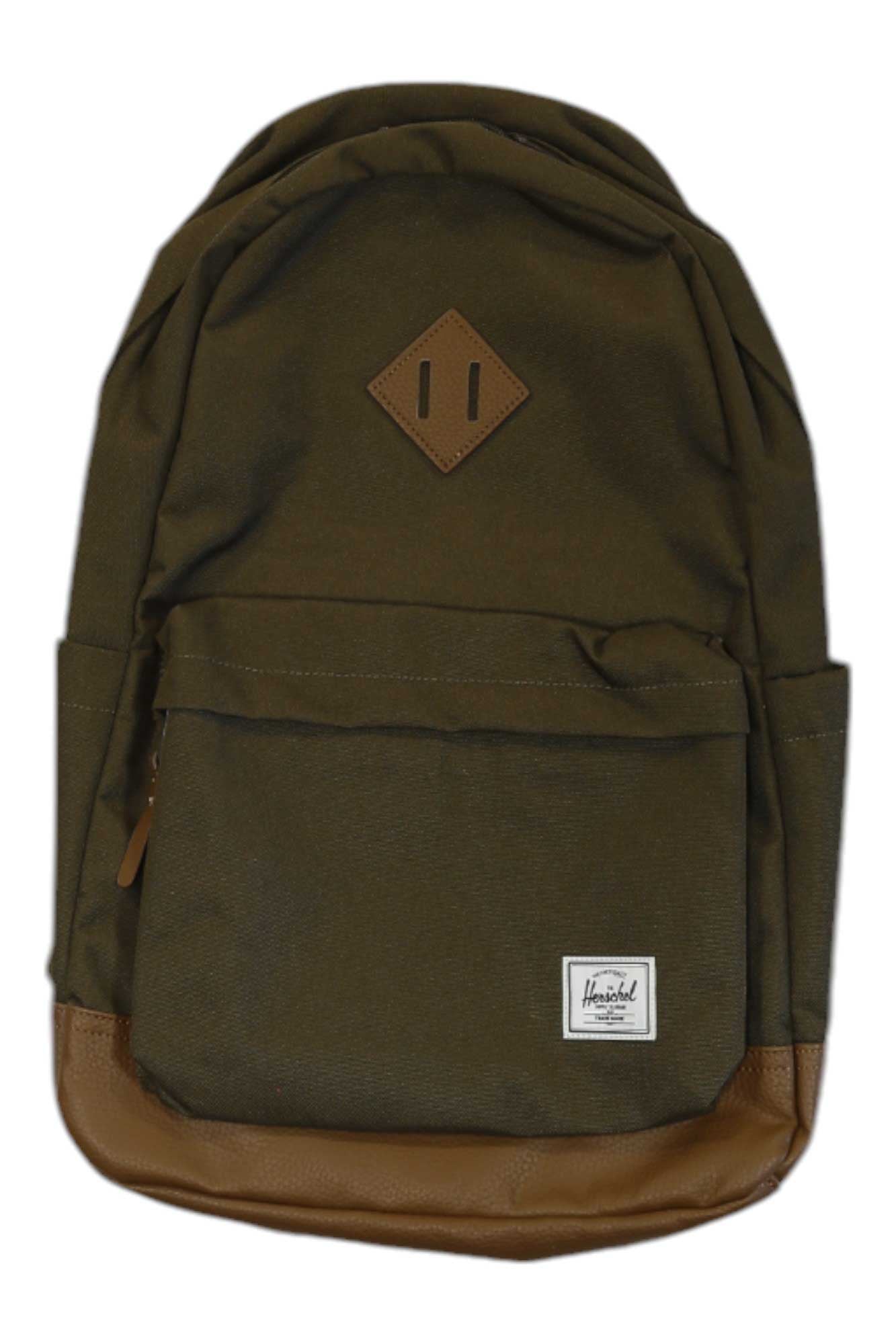 A green Herschel Supply Company Heritage Backpack with brown leather accents, a front zip pocket, a small white label, and a diamond-shaped patch near the top center.