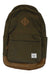 A green Herschel Supply Company Heritage Backpack with brown leather accents, a front zip pocket, a small white label, and a diamond-shaped patch near the top center.