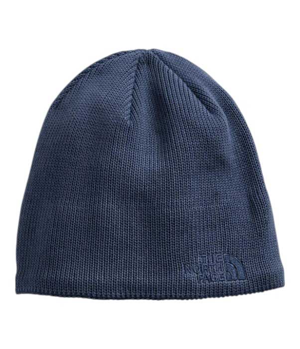 Recycled knit beanie, deep navy blue with small logo on side cuff.