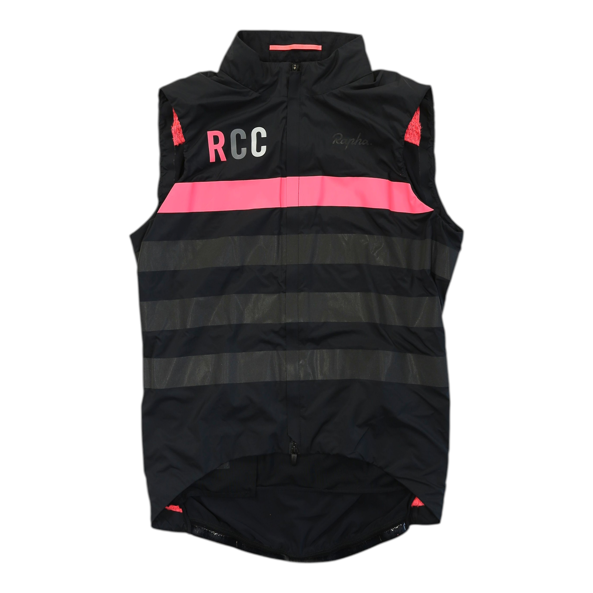 Men's black insulated cycling gilet with full zip, pink band and red RCC lettering