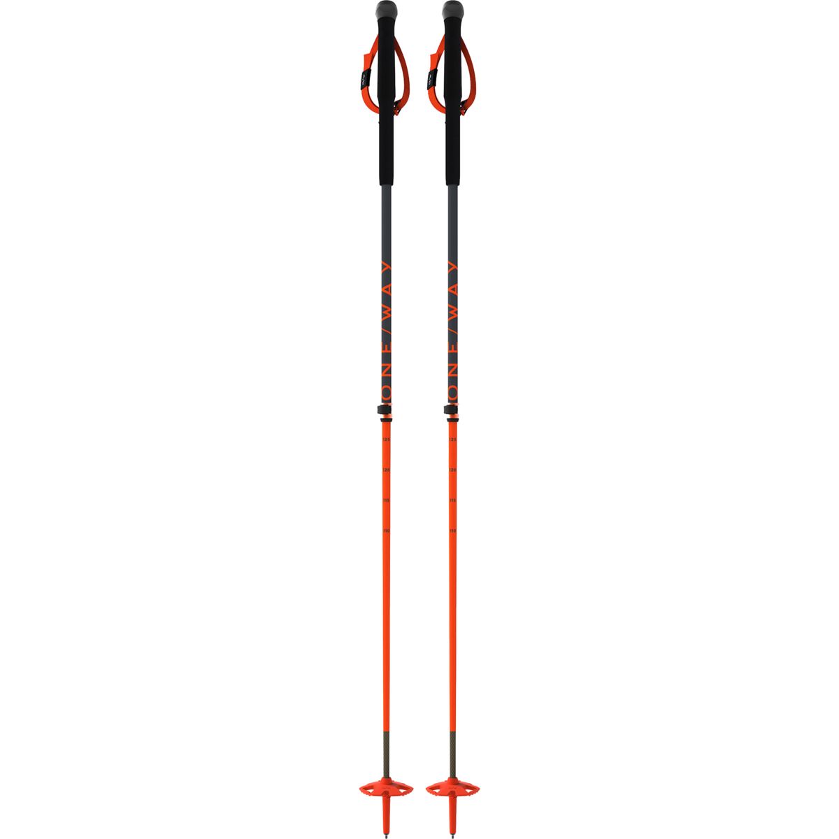 Pair of orange and black ski poles with adjustable straps and round bases