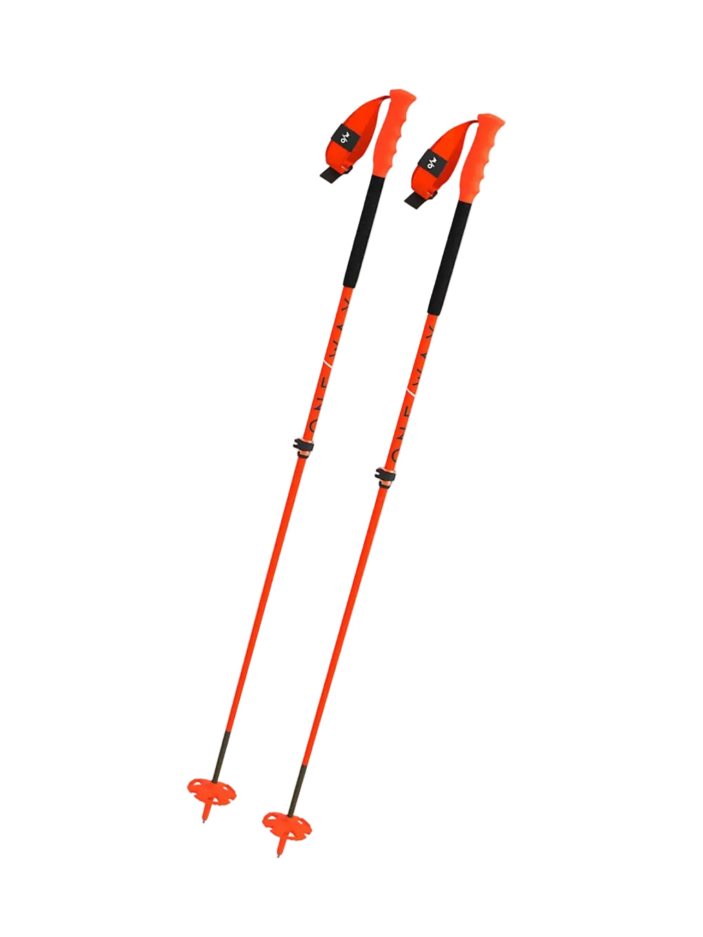 Orange and black ski poles with snow baskets and wrist straps