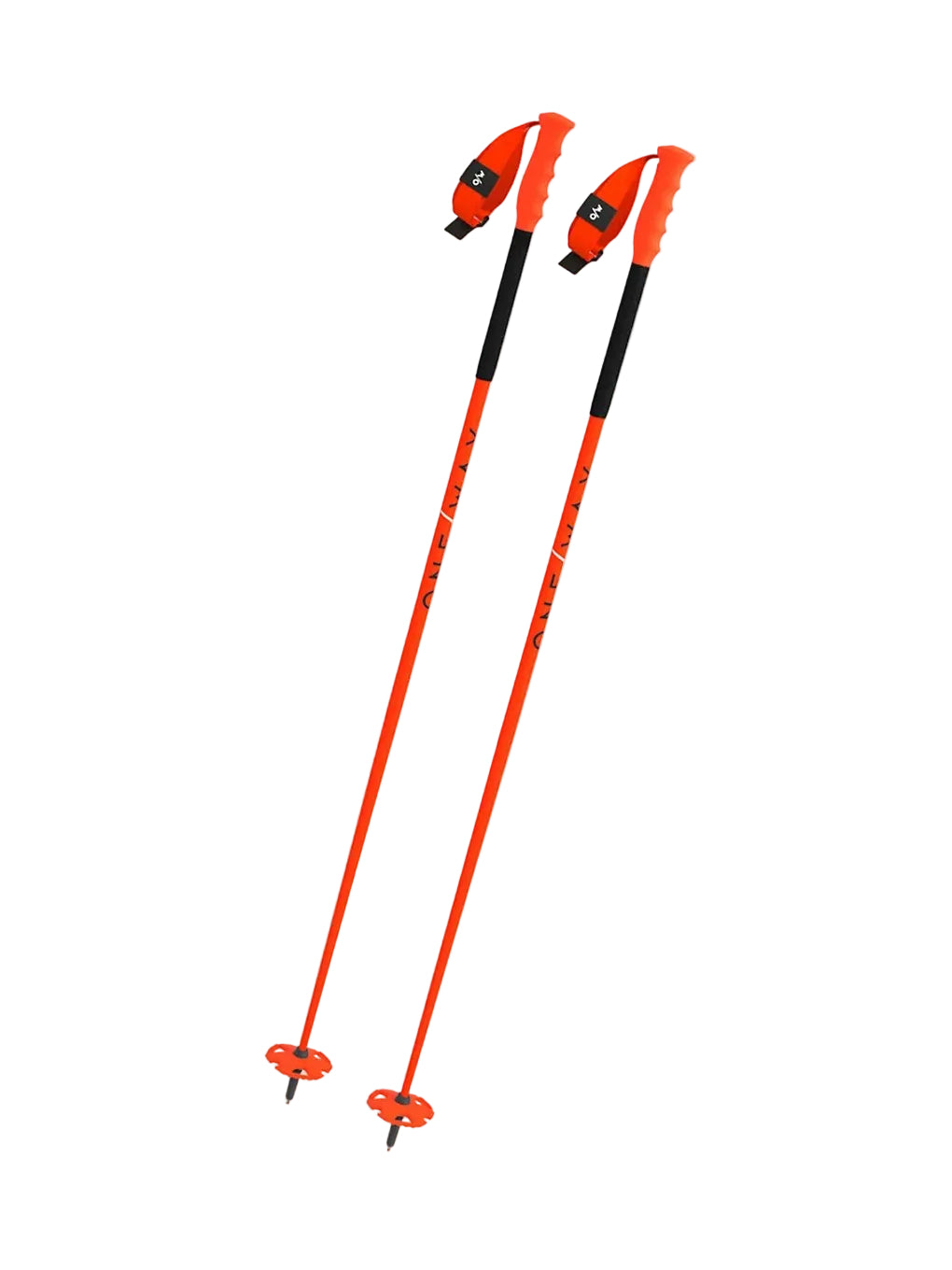 Orange and black ski poles with wrist straps and round baskets