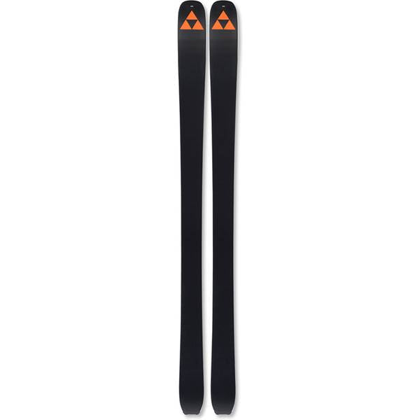 Pair of black alpine skis with orange graphic tops