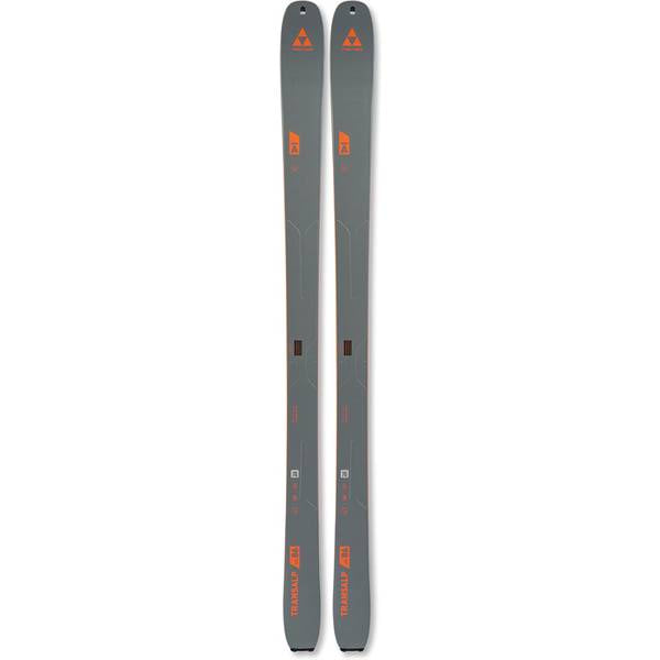 Pair of grey alpine skis with orange side graphics