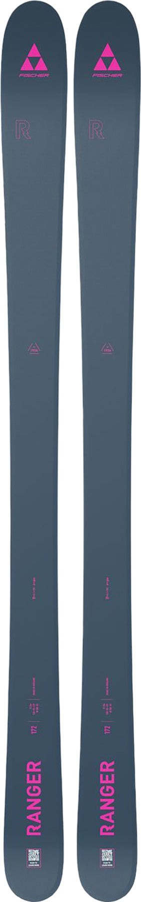 Fischer Ranger women's skis in dark gray with pink logos, shown as a pair