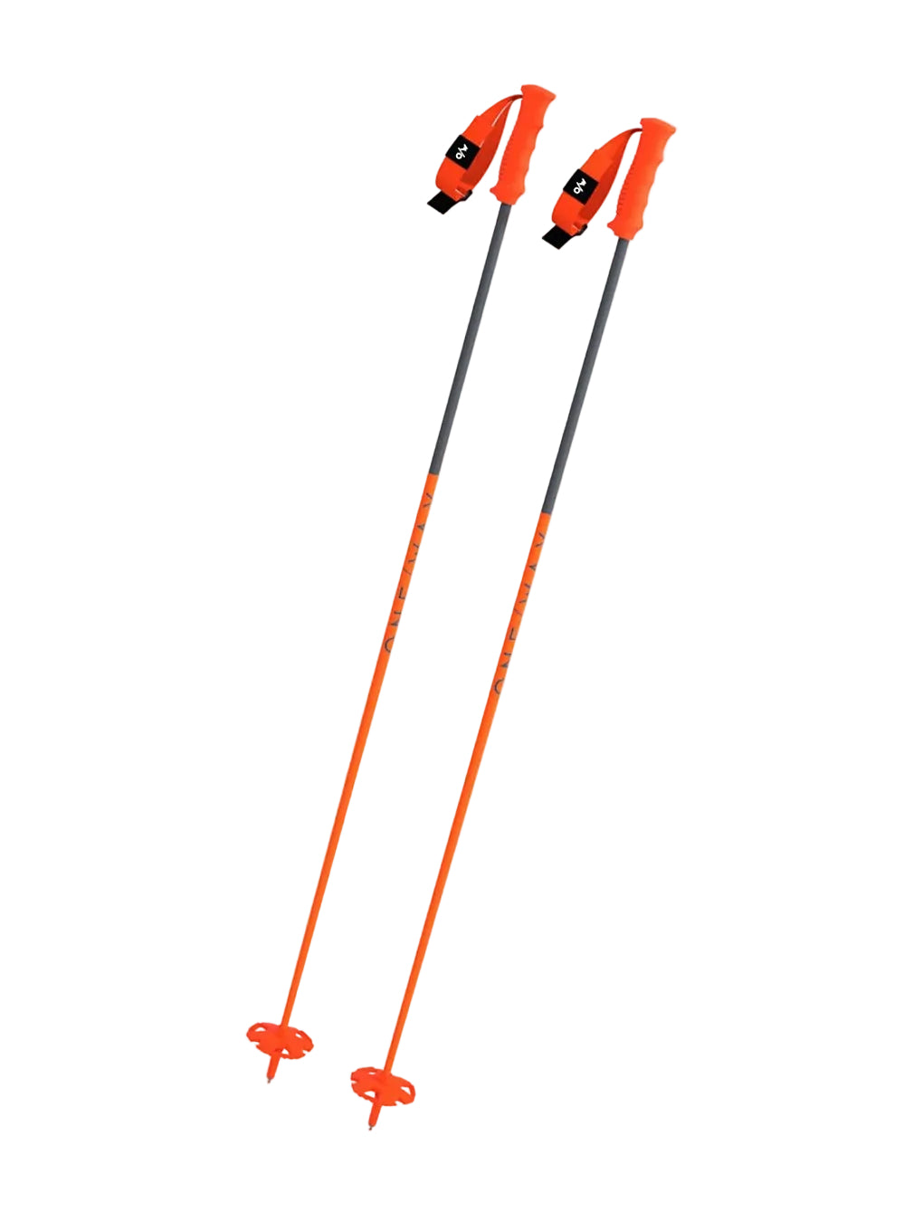 Pair of orange ski poles with wrist straps, baskets, and carbide tips