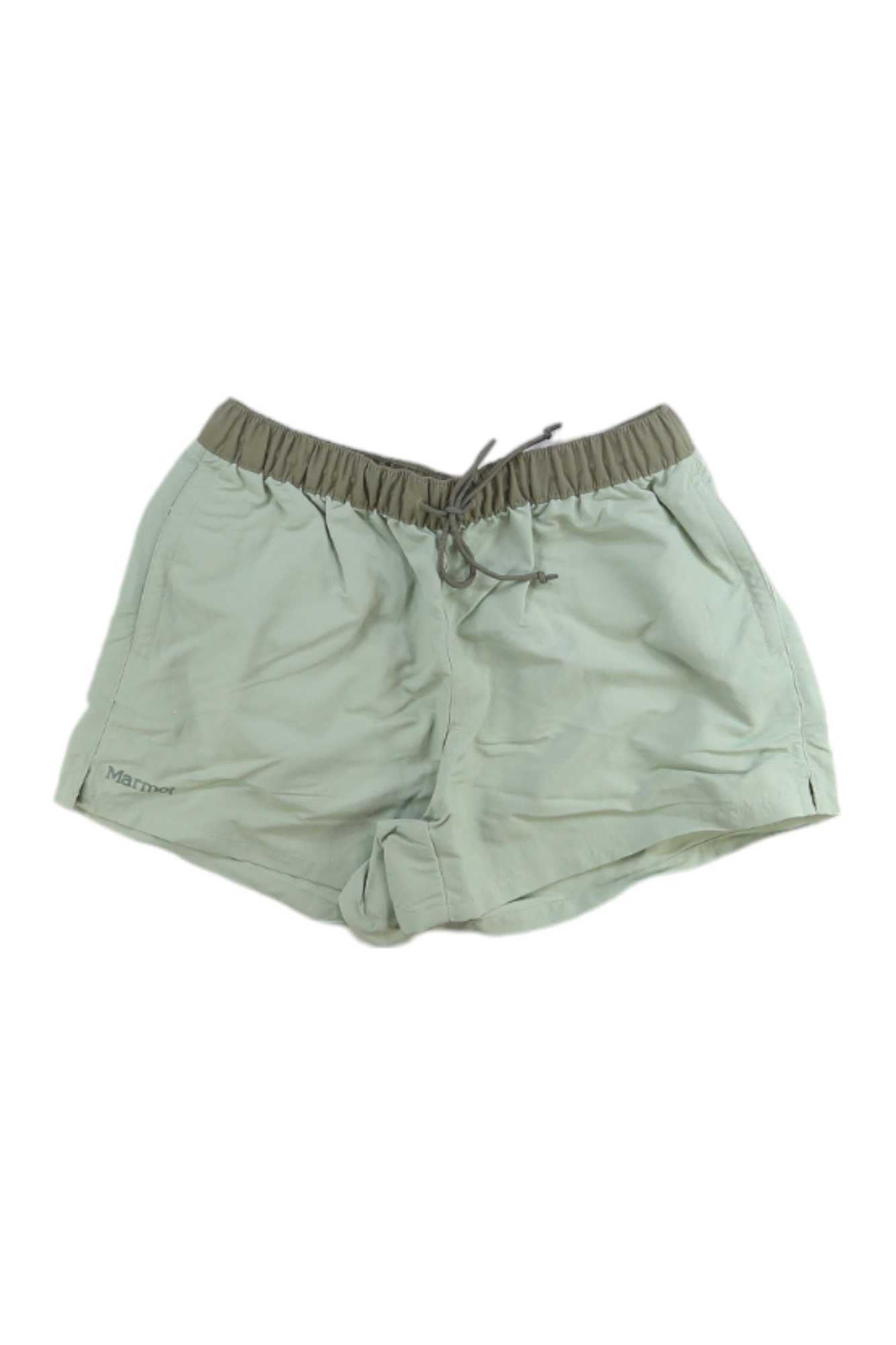 The Womens Juniper Springs 3 Short features light green recycled nylon, an olive elastic waistband with drawstring, side pockets, UPF 50 sun protection, and a Marmot logo on the left leg. Shown laid flat on a white background.