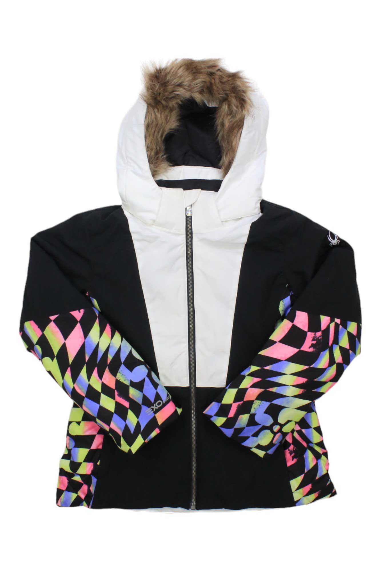 The Spyder Girls Lola Jacket features a white faux fur-trimmed hood, black body, colorful geometric sleeves, PrimaLoft insulation, and a front zipper—making it the perfect waterproof ski jacket for winter adventures.