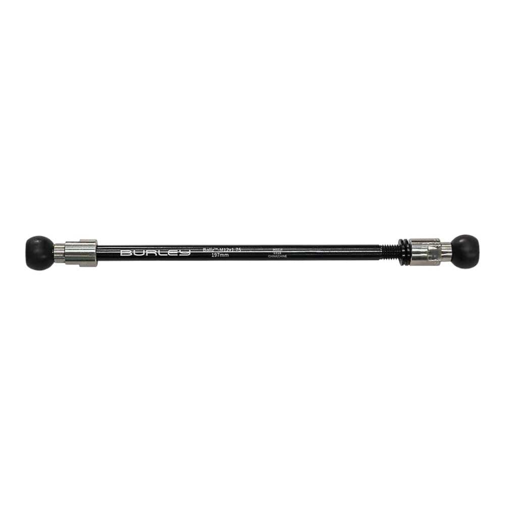 The Burley Ballz Thru Axle is shown in black with silver metal ends and rubber caps on both sides, displayed horizontally against a white background.