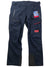 A pair of Helly Hansen Womens Aurora Shell 2.0 Pants in dark navy with Helly Tech Professional waterproofing, zippered pockets, reinforced knees, and a red HH logo on the right thigh. Retail tag on waistband.