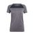 The Icebreaker Womens Motion Seamless SS Crewe is a heather gray, short-sleeved hiking shirt with a darker gray panel across the shoulders and upper chest, made from moisture-wicking fabric and displayed on a plain white background.
