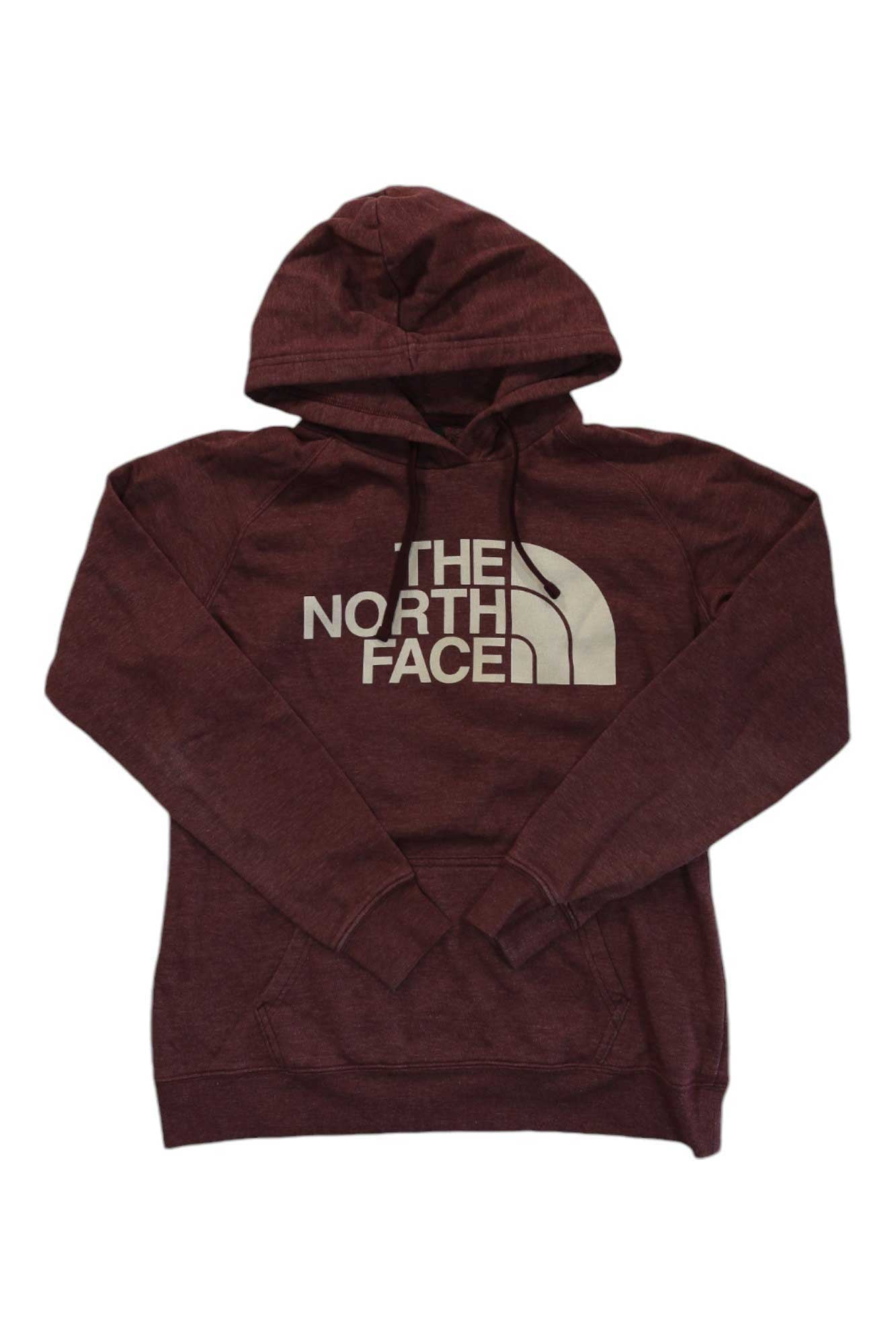 The North Face Women's Half Dome Pullover Hoodie in maroon, with a front pocket and white logo text on the chest, shown on a white background.
