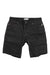 Black denim shorts with button-front closure and stitched pockets, 10-inch inseam.