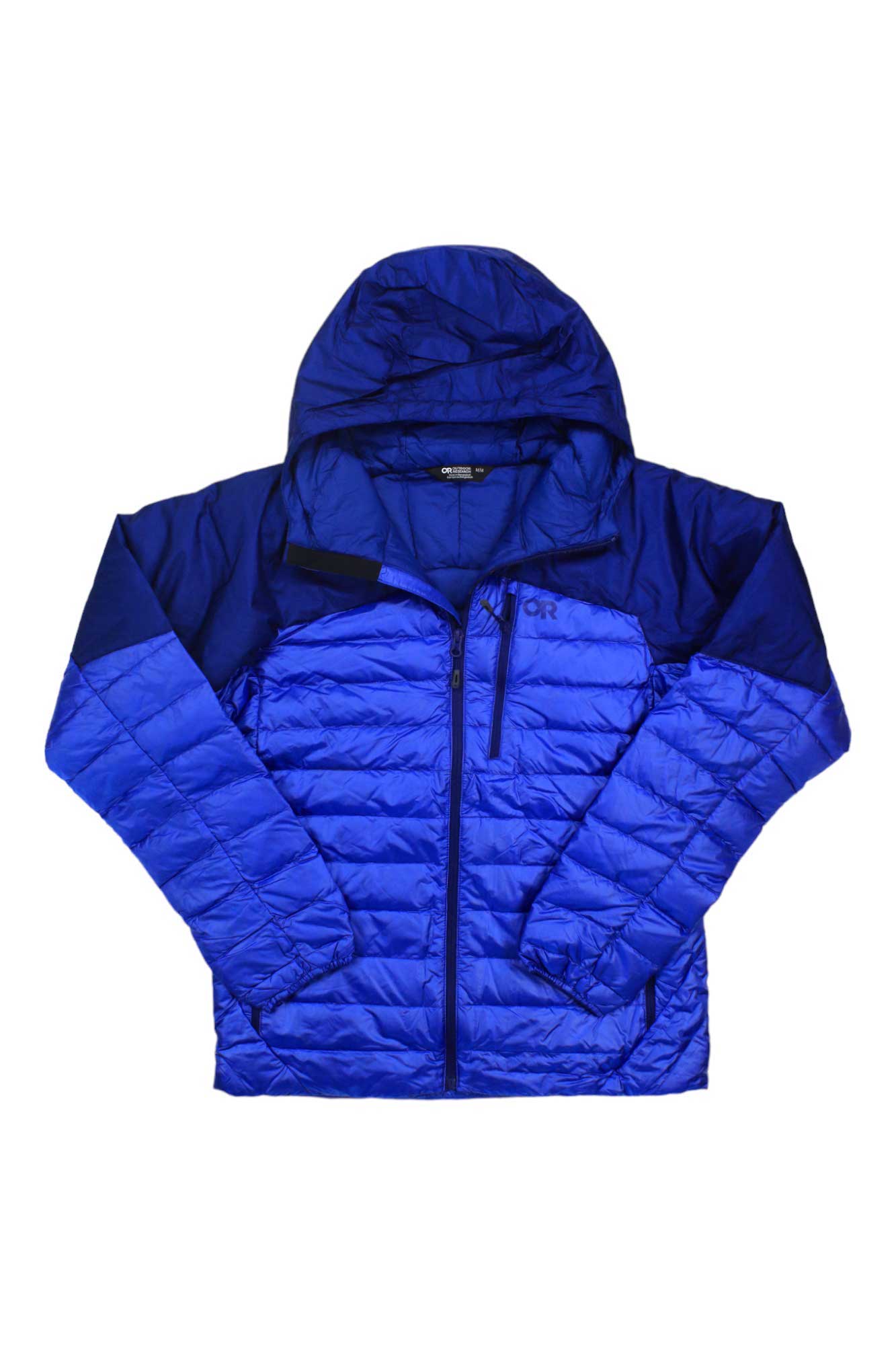 The Outdoor Research Men's Helium Down Hooded Jacket is a bright blue, lightweight insulated puffer with a hood, front zipper, horizontal quilting, and zippered chest pocket—perfect for chilly outdoor adventures. Shown against a white background.