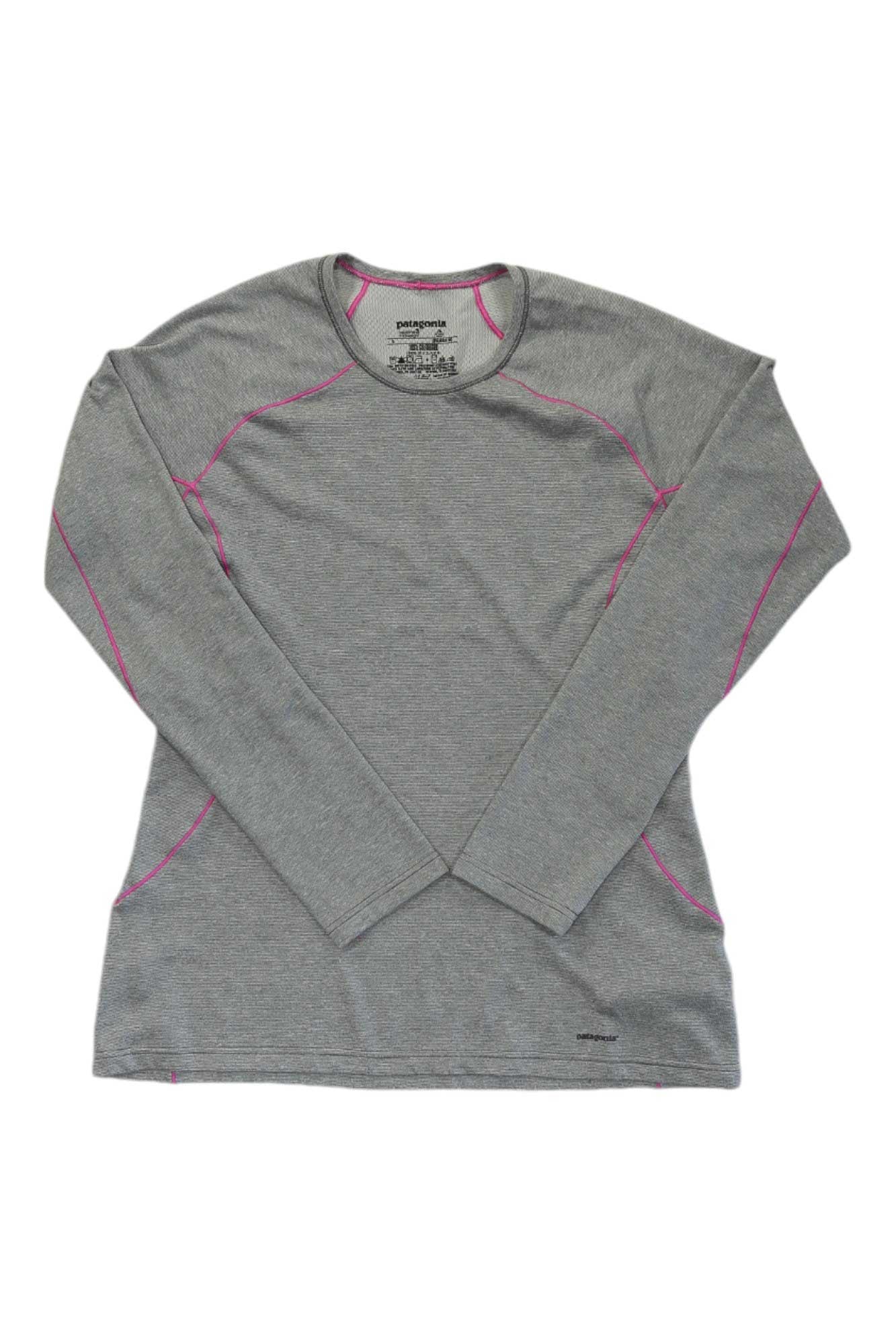 Women’s heather gray long-sleeve crewneck performance shirt with pink-trim curved seaming