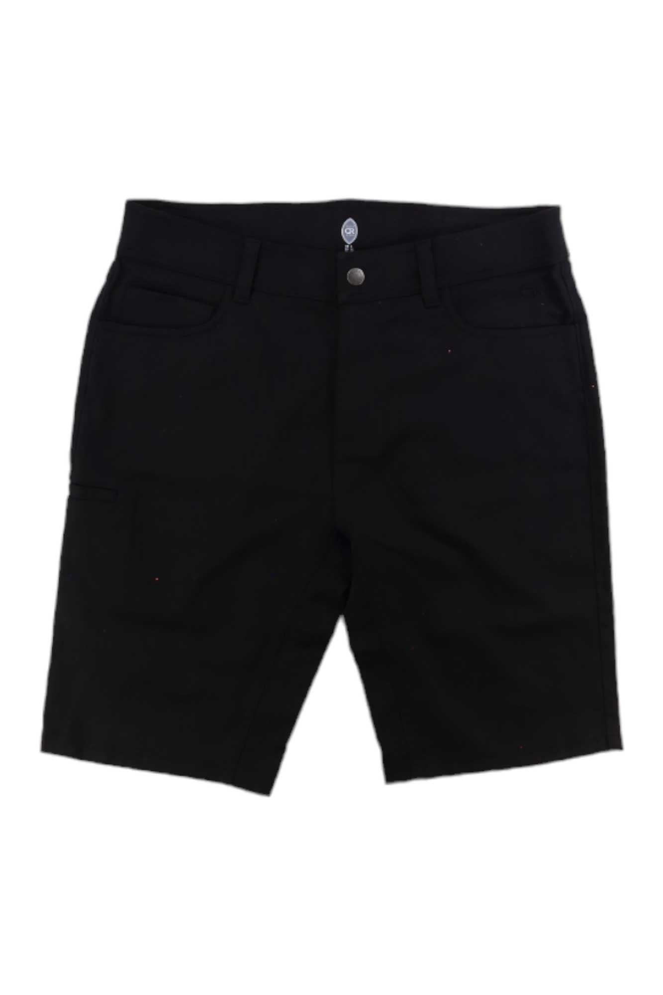 The Club Ride Men's Joe Dirt 12 Inch Short is a pair of black knee-length shorts with 4-way stretch, front and back pockets, and a button and zipper closure, shown on a white background.