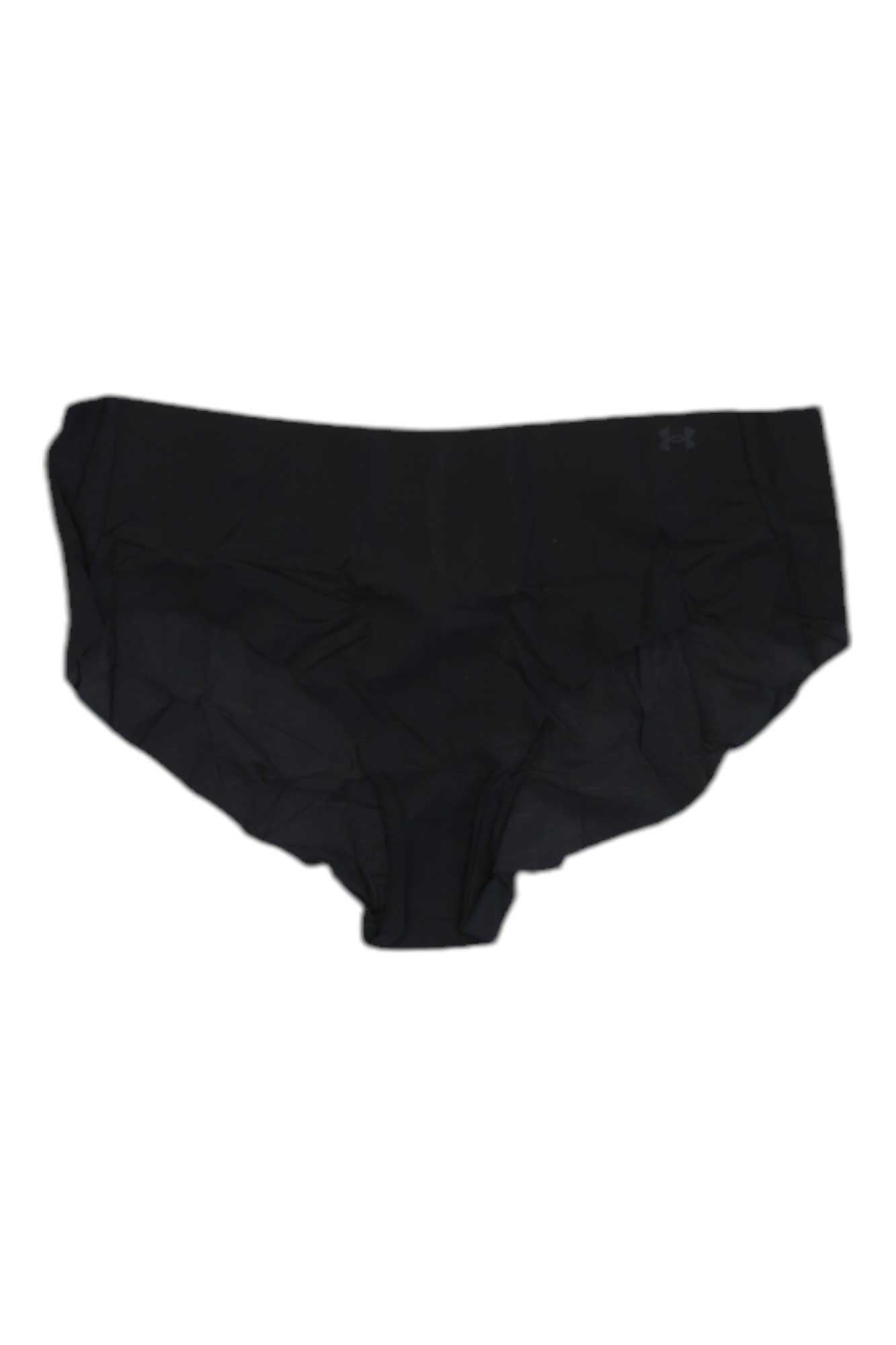 A 3-pack of Under Armour Women's PS Hipster Underwear, featuring black seamless hipsters with 4-way stretch, is displayed flat on a white background.