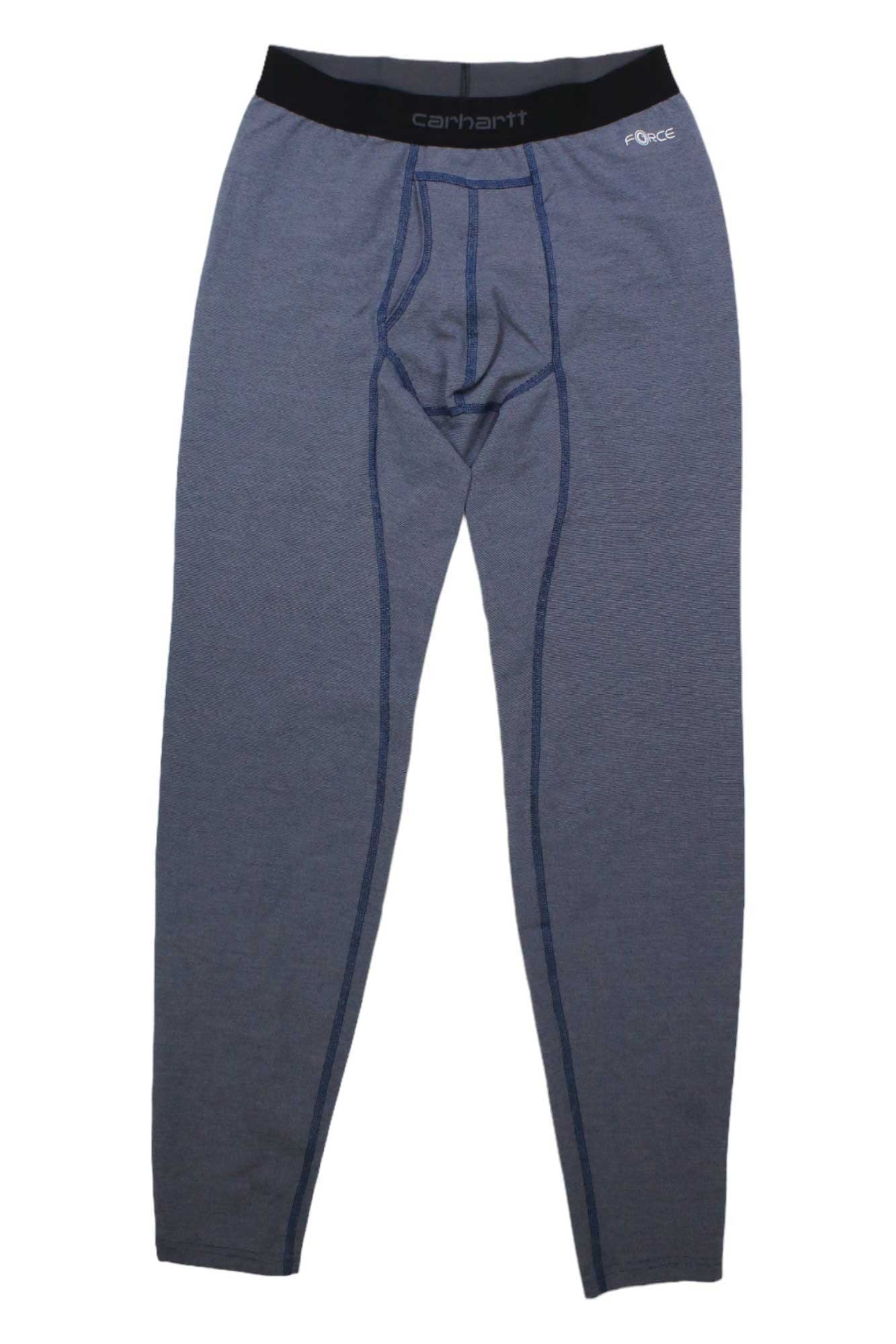 A pair of Carhartt Men's Base Force Heavyweight Bottom (Tall) thermal leggings in blue, featuring a black elastic waistband and dark blue stitching, laid flat on a white background.