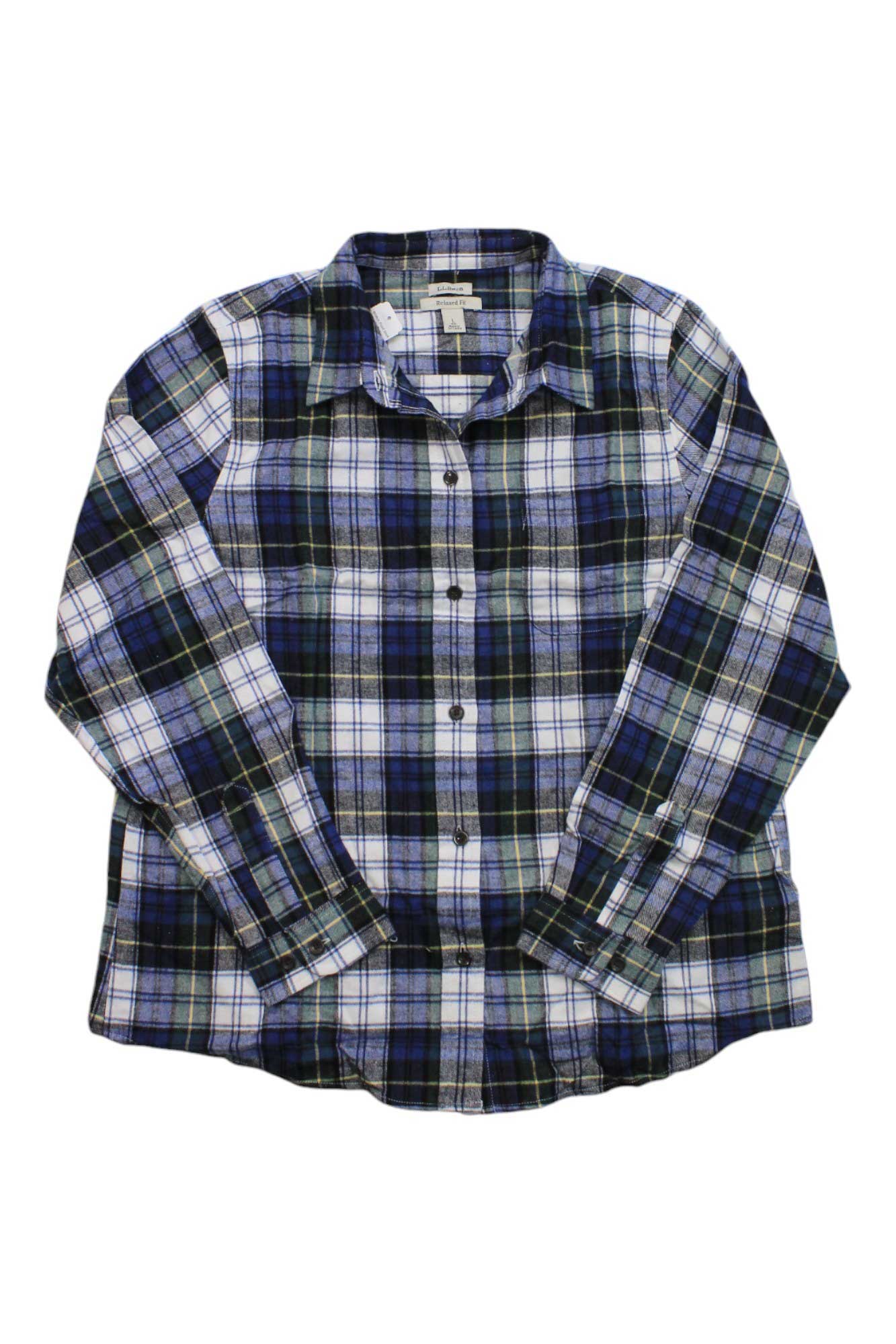 The L.L.Bean Womens Scotch Plaid Shirt, made from Portuguese cotton flannel, features blue, green, white, and black plaid and is shown laid flat on a white background.