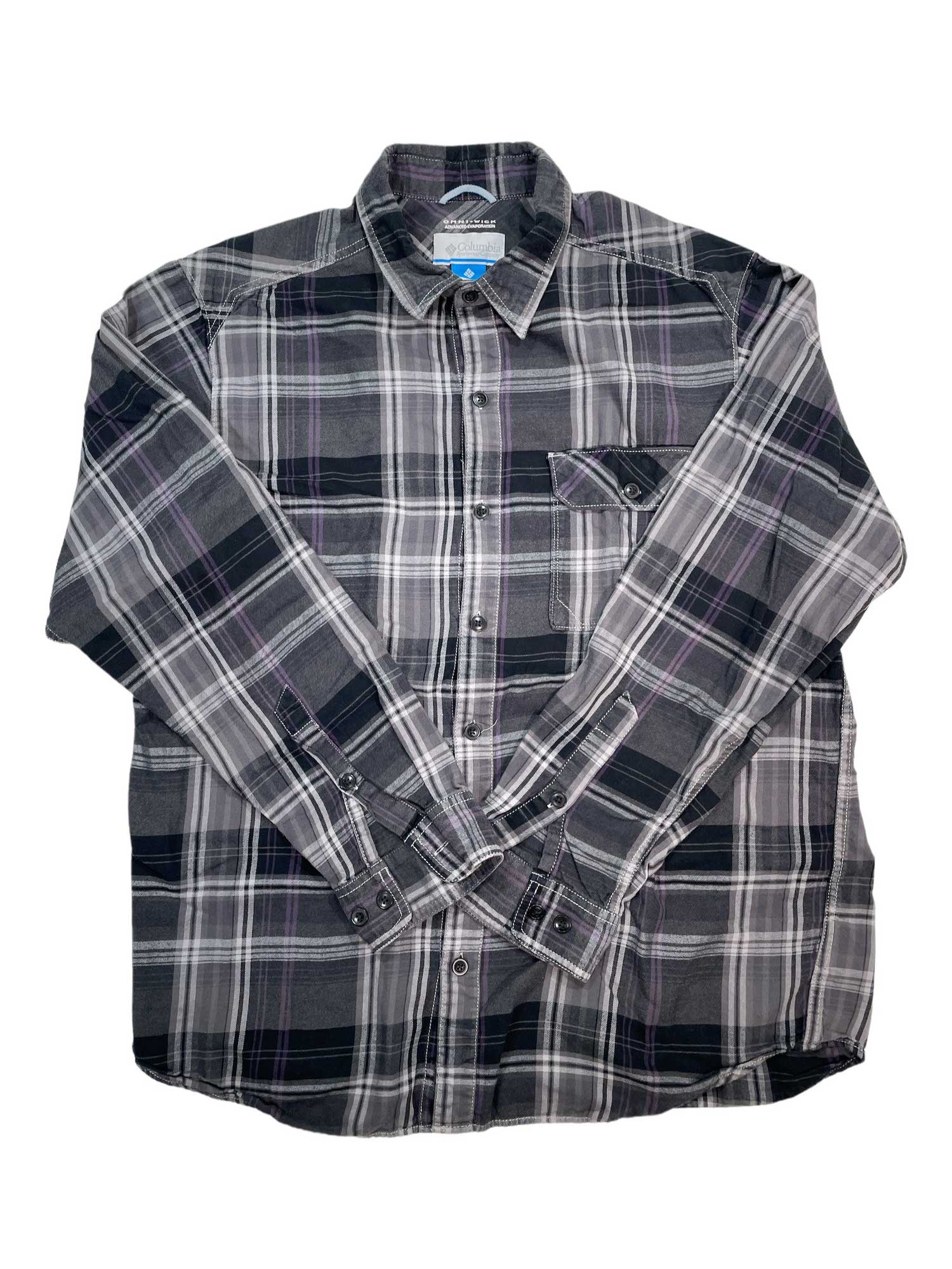 Plaid flannel button-up shirt with long sleeves, dark base with gray and light stripes