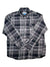 Plaid flannel button-up shirt with long sleeves, dark base with gray and light stripes