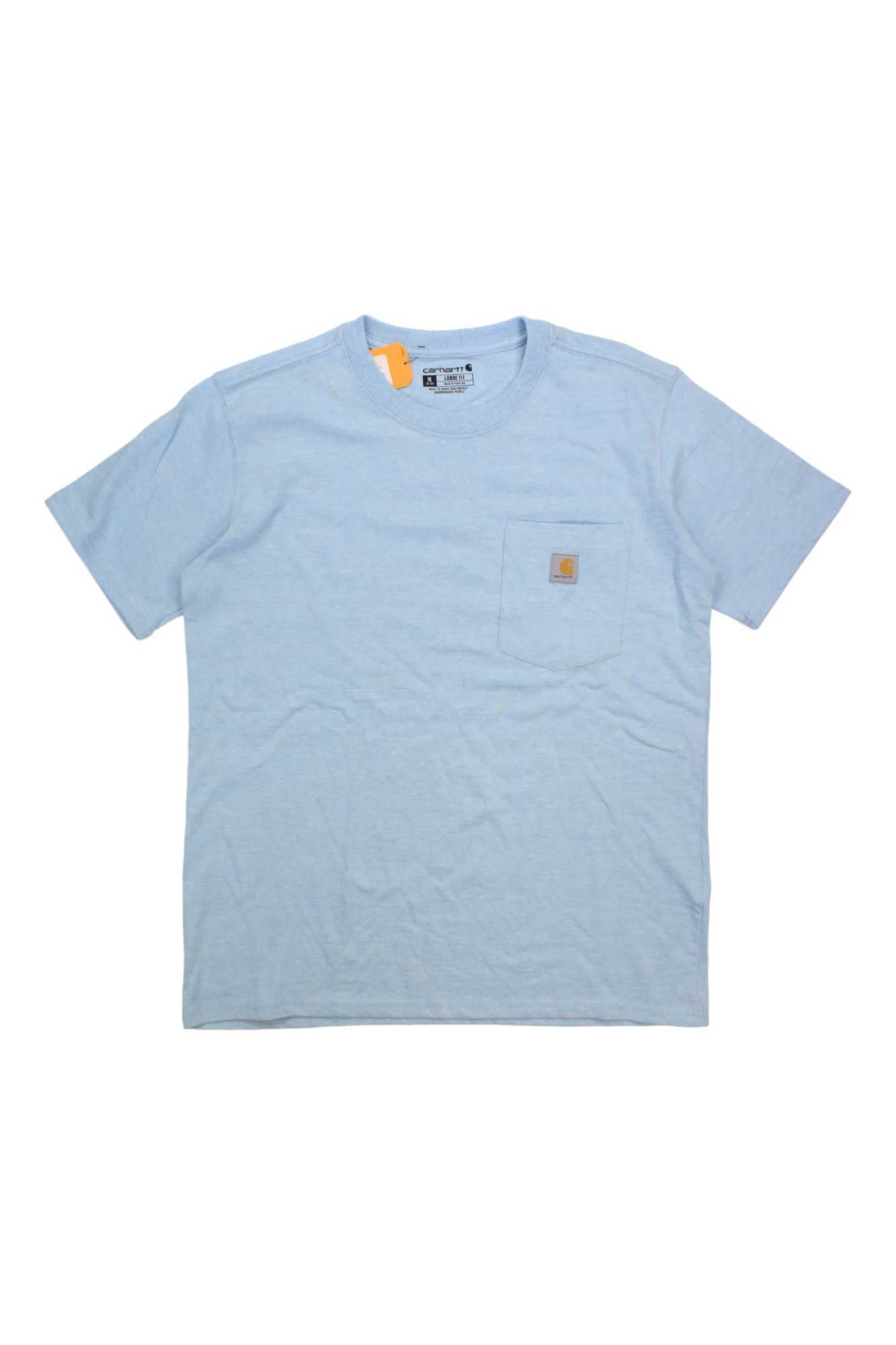 The Carhartt Womens WK87 Workwear Pocket SS T-Shirt is a light blue, short-sleeve tee with a left chest pocket and small square logo patch, made from moisture-wicking fabric and displayed flat on a white background.