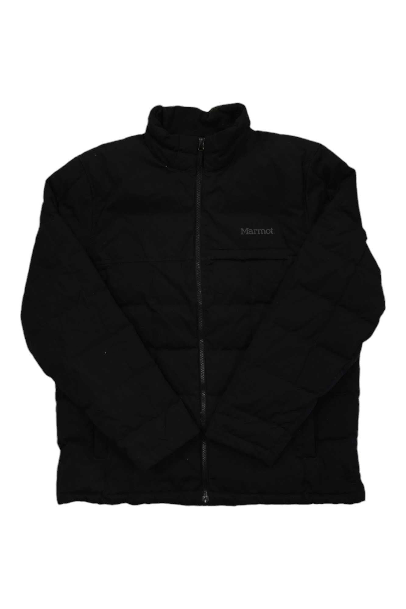 A Marmot Men's Burdell Jacket in black, made by Marmot, is displayed flat on a white background. This midweight jacket features 600 fill down for exceptional warmth, long sleeves, a high collar, and a front zipper—perfect for comfortable everyday insulation.