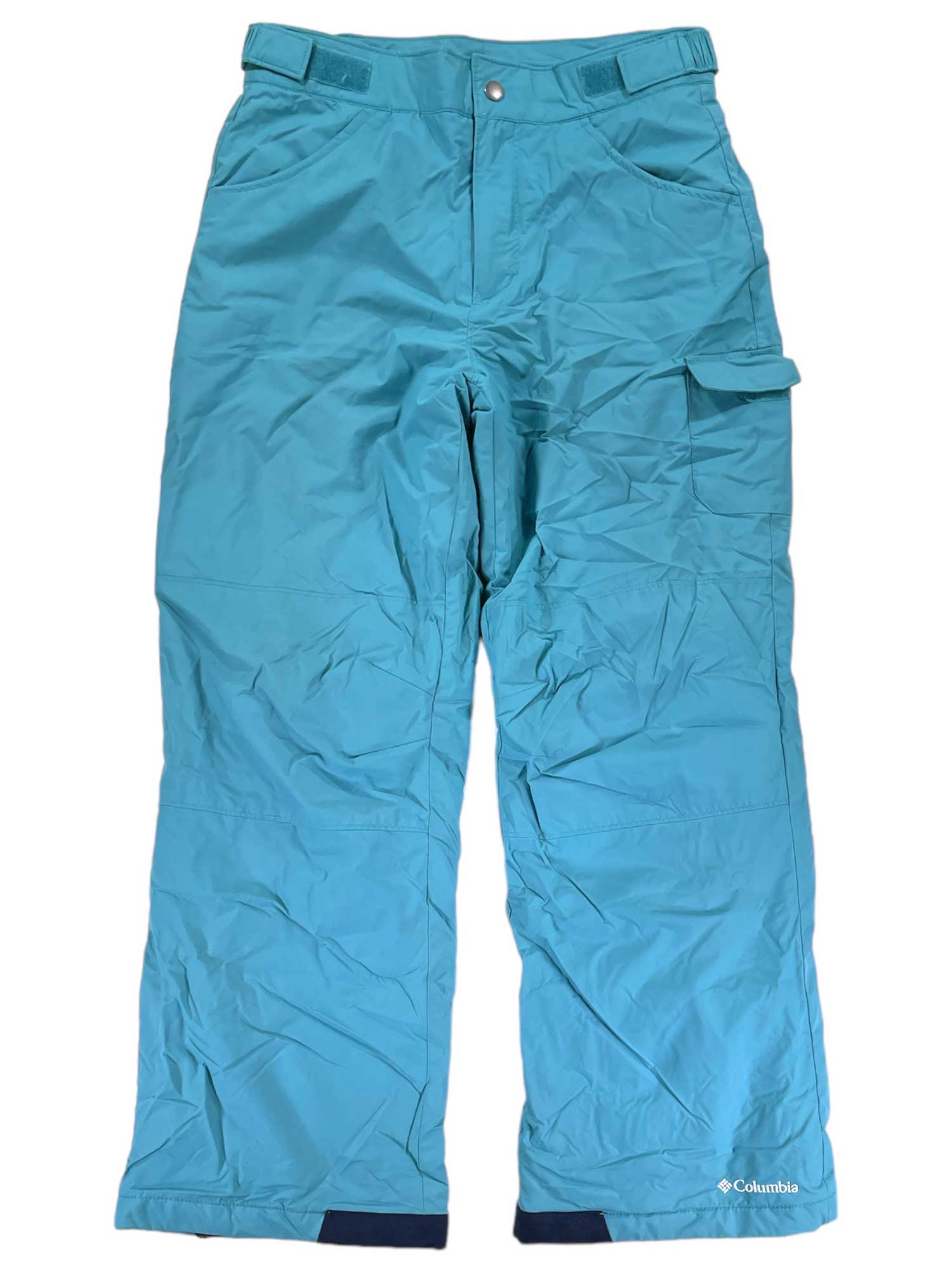 Laid flat on a white background: Kids' Starchaser Peak Insulated Snow Pants by Columbia in bright turquoise, featuring multiple pockets and an adjustable waist.