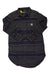 The Carhartt Womens Rugged Flex Relaxed Fit Midweight Flannel LS Plaid Tunic features dark purple, navy, and gray stripes, a chest pocket with logo patch, yellow collar tag, button-up front, tunic style, and stretch for comfort.