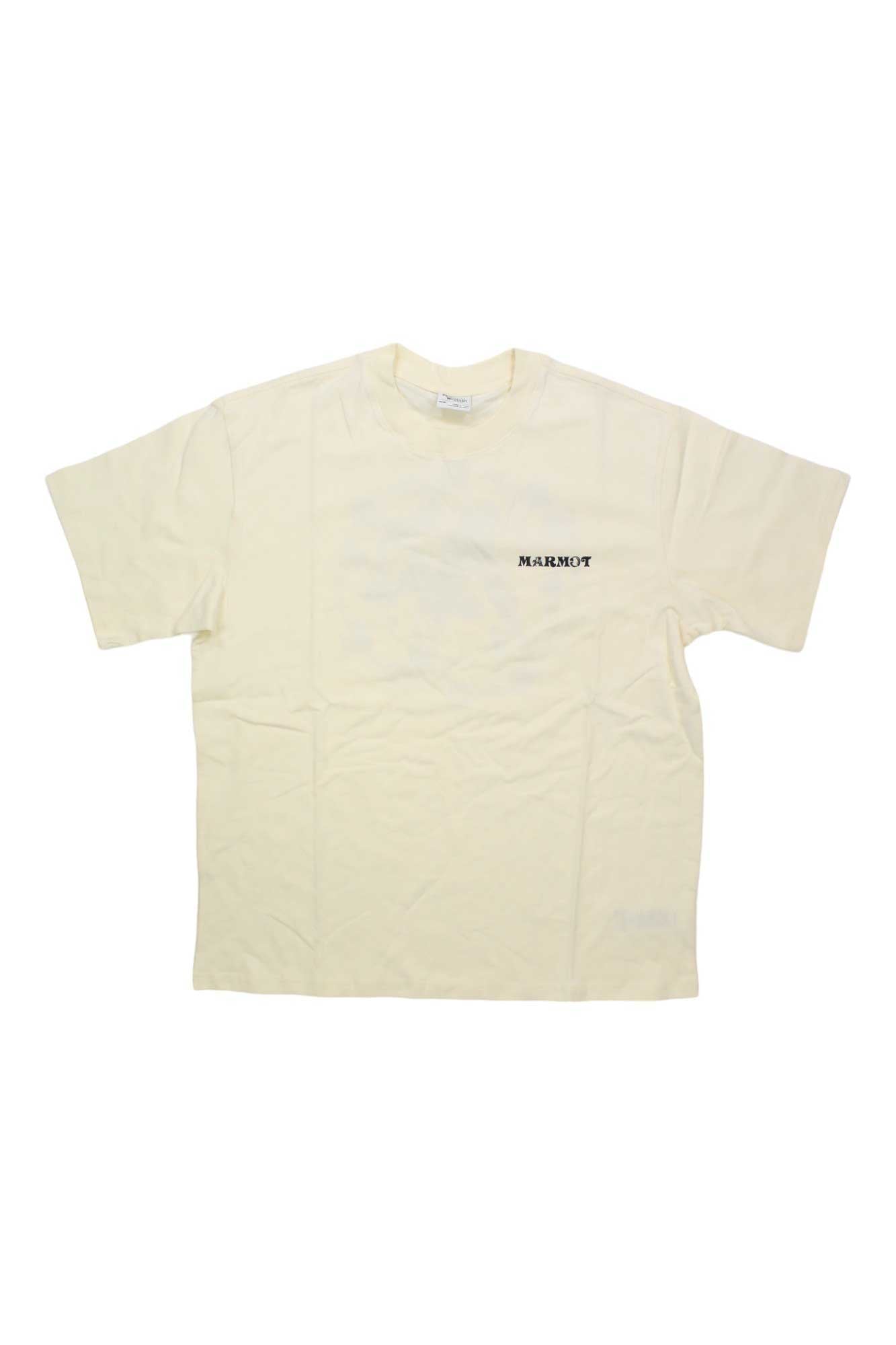 The Marmot Earth Day Heavyweight SS Tee is an off-white, short-sleeve T-shirt featuring a small black Marmot logo on the left chest. Made from heavyweight cotton, it’s shown laid flat on a white background with slight wrinkles.