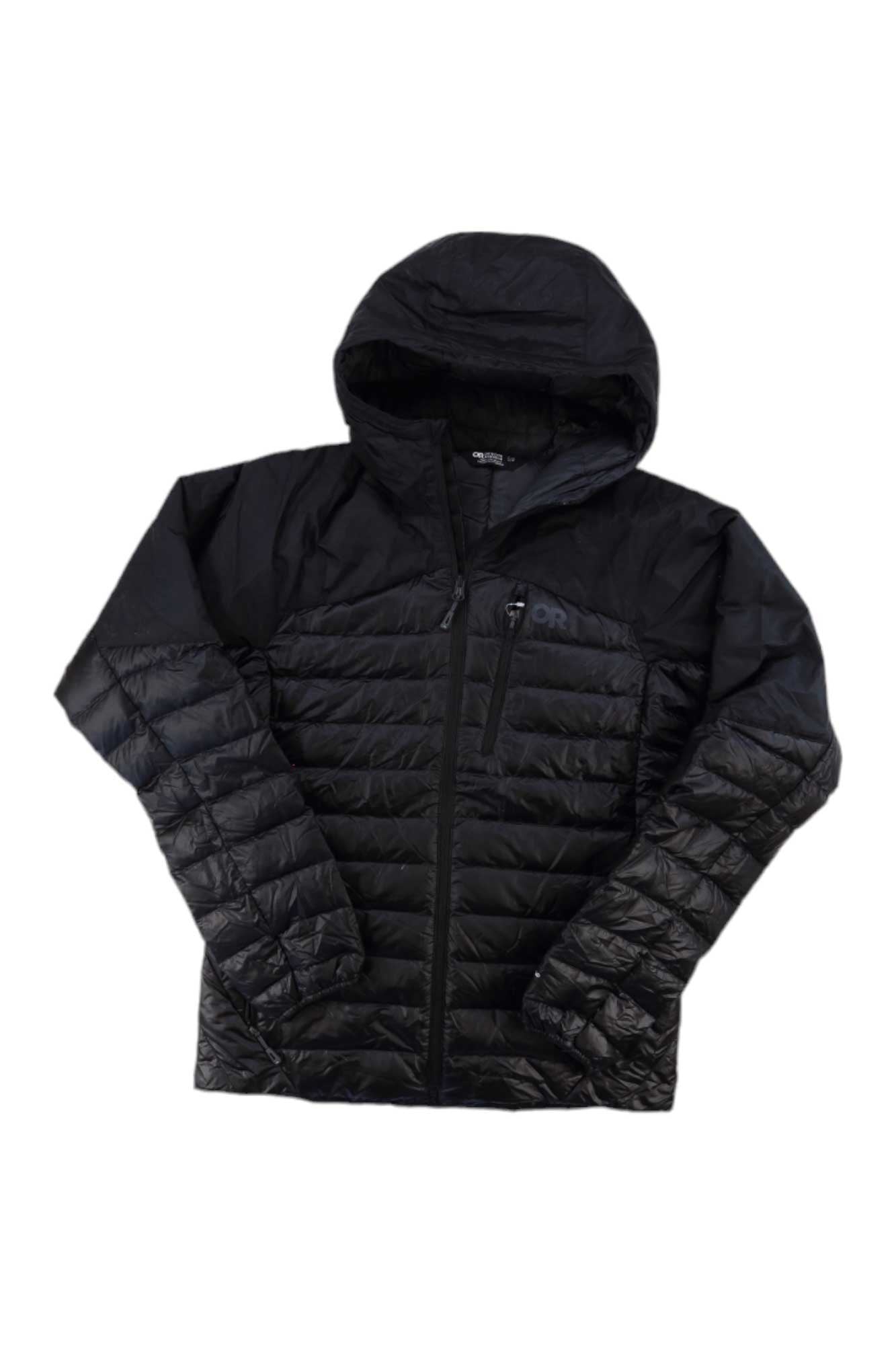 The Outdoor Research Men's Helium Down Hooded Jacket is black, lightweight, insulated with quilted body and sleeves, features a front zipper and chest pocket, and is shown on a white background.