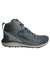 Women’s mid waterproof hiking shoe, dark gray mesh with green trim, lace-up