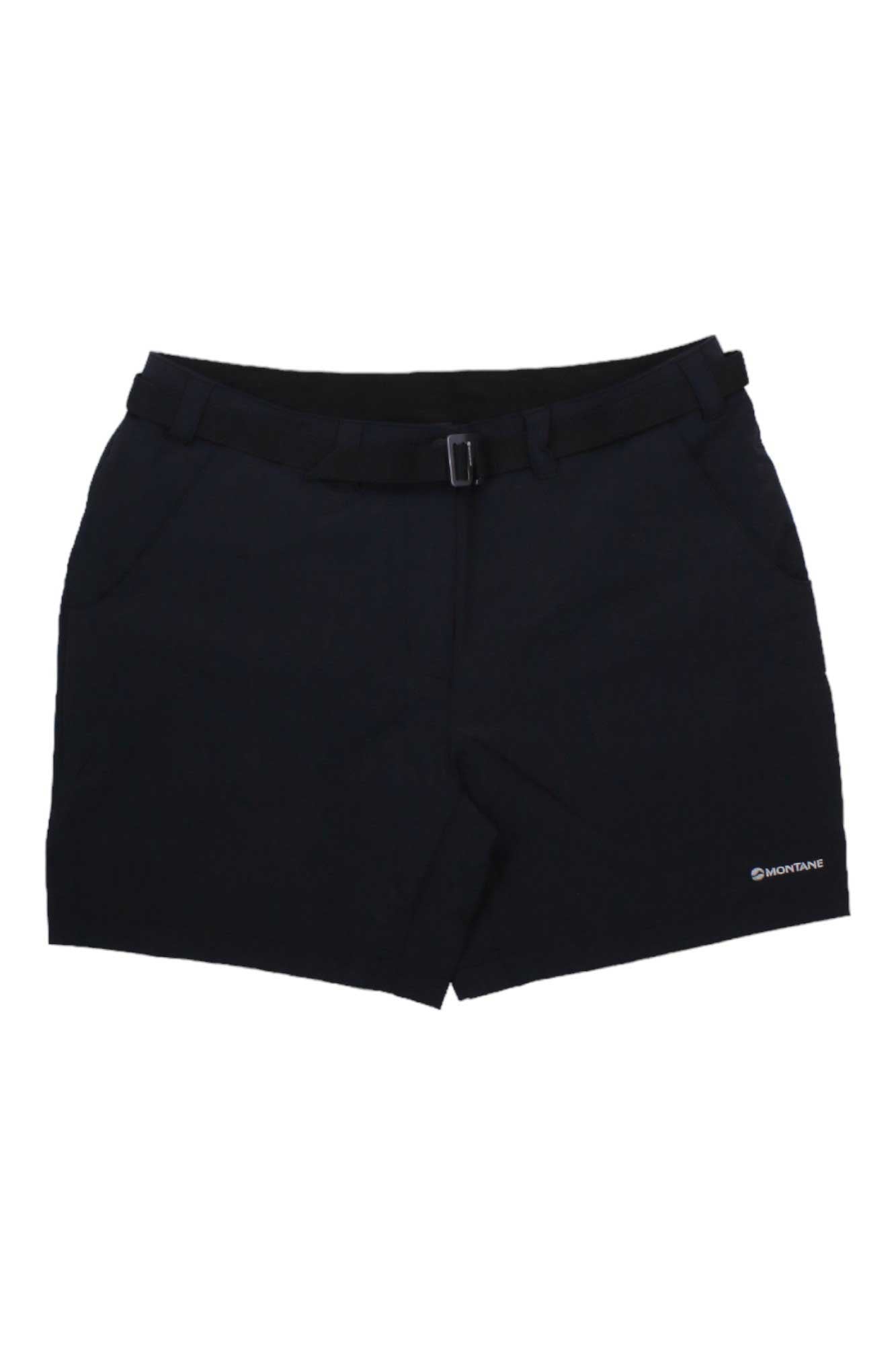 Womens dark shorts with zip fly, belt loops, and Montane logo on the side hem