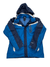 The Boys Boundary Triclimate Jacket, featuring blue and navy colors, a hood, white accents, front zipper, chest pocket, and powder skirt, is displayed flat on a white background.