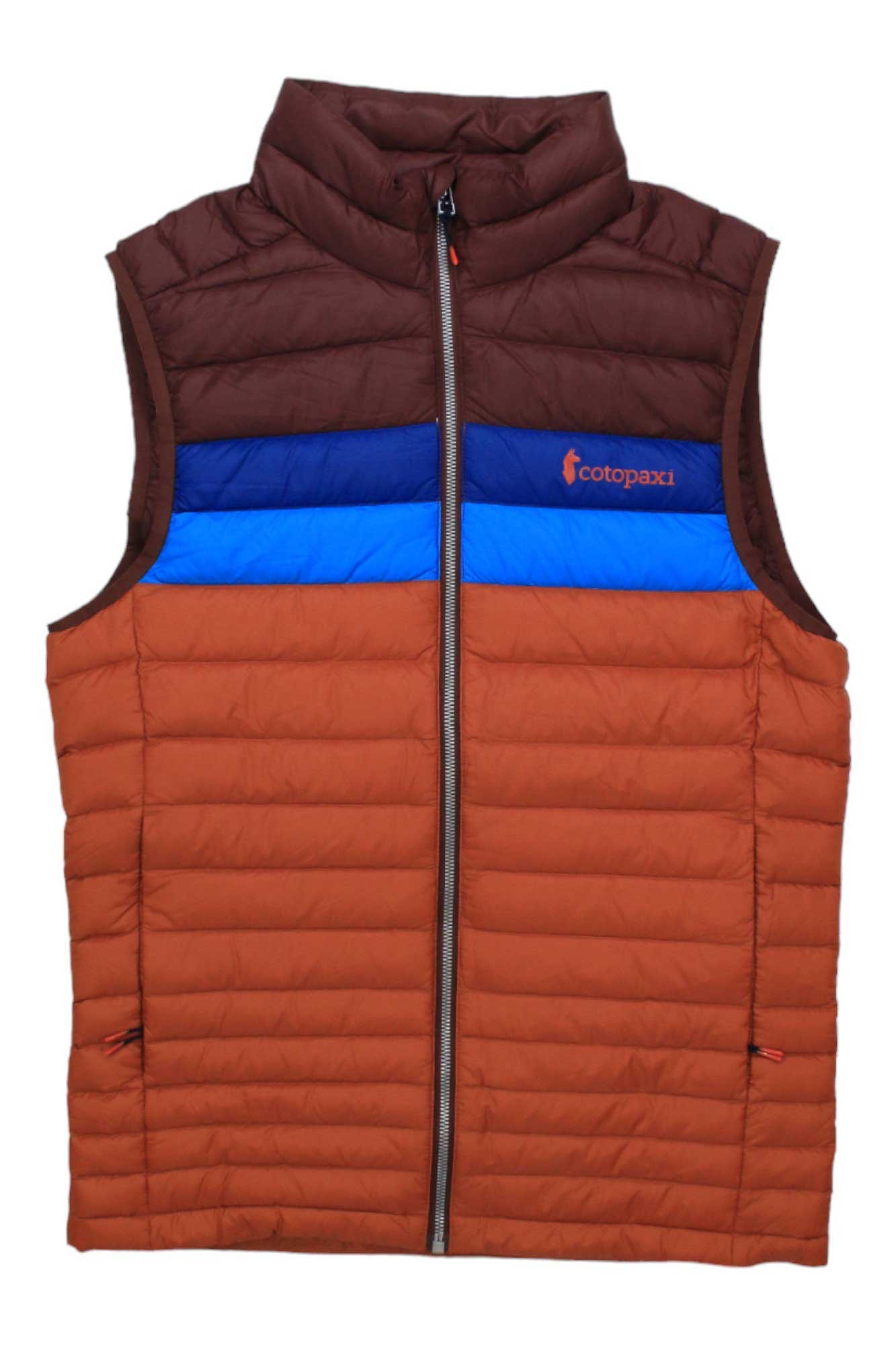 The Cotopaxi Mens Fuego Down Vest is a sleeveless, zip-up insulated vest with horizontal brown, blue, and rust orange color blocks, quilted stitching, high collar, water-resistant down fill, and the Cotopaxi logo on the chest.