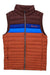 The Cotopaxi Mens Fuego Down Vest is a sleeveless, zip-up insulated vest with horizontal brown, blue, and rust orange color blocks, quilted stitching, high collar, water-resistant down fill, and the Cotopaxi logo on the chest.