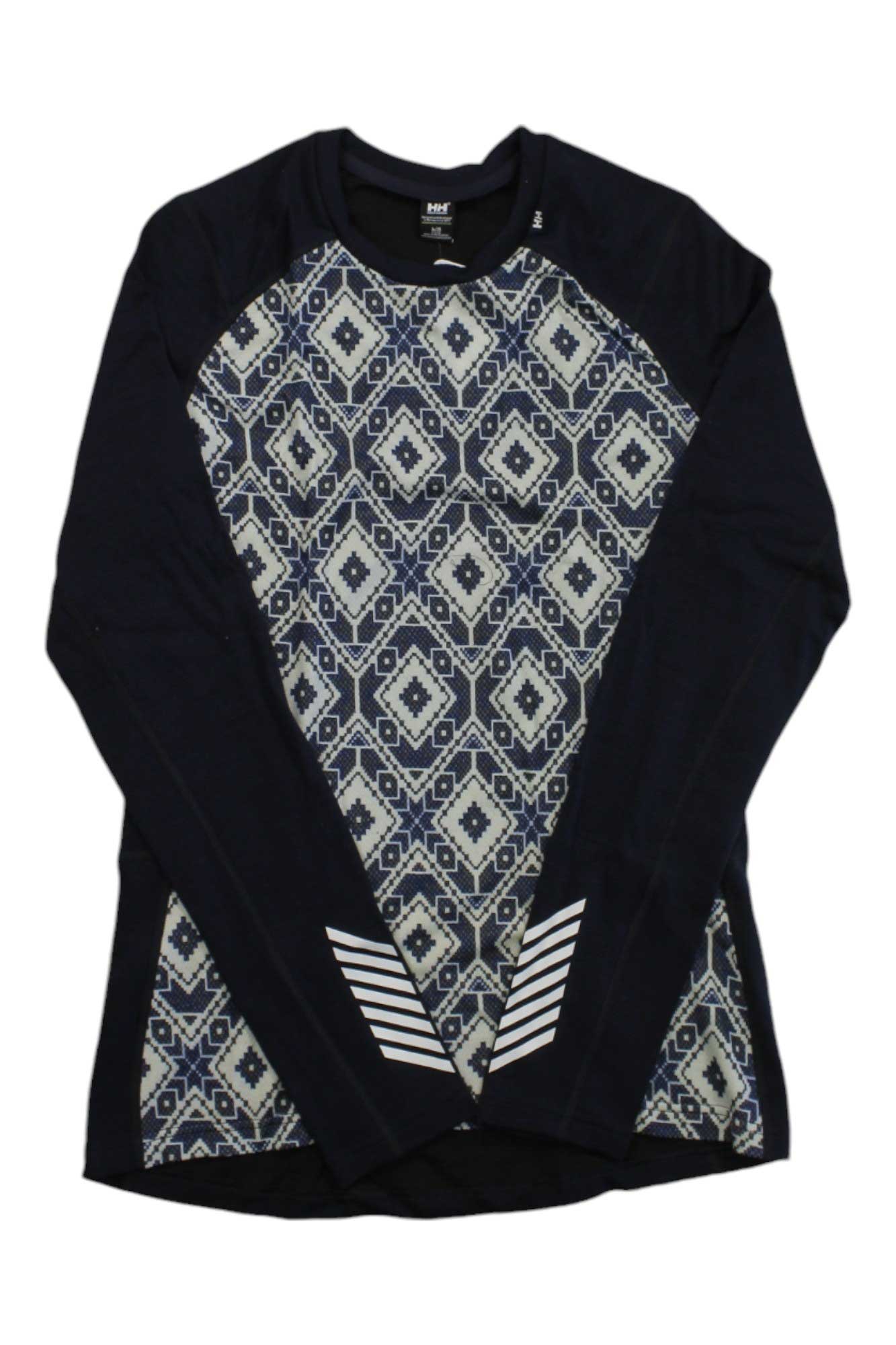 The Helly Hansen Women’s Lifa Merino Midweight Graphic Crew Top is a stylish black, long-sleeve merino wool base layer with a geometric white and gray diamond print and two diagonal white stripes near the wrists.