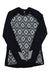The Helly Hansen Women’s Lifa Merino Midweight Graphic Crew Top is a stylish black, long-sleeve merino wool base layer with a geometric white and gray diamond print and two diagonal white stripes near the wrists.