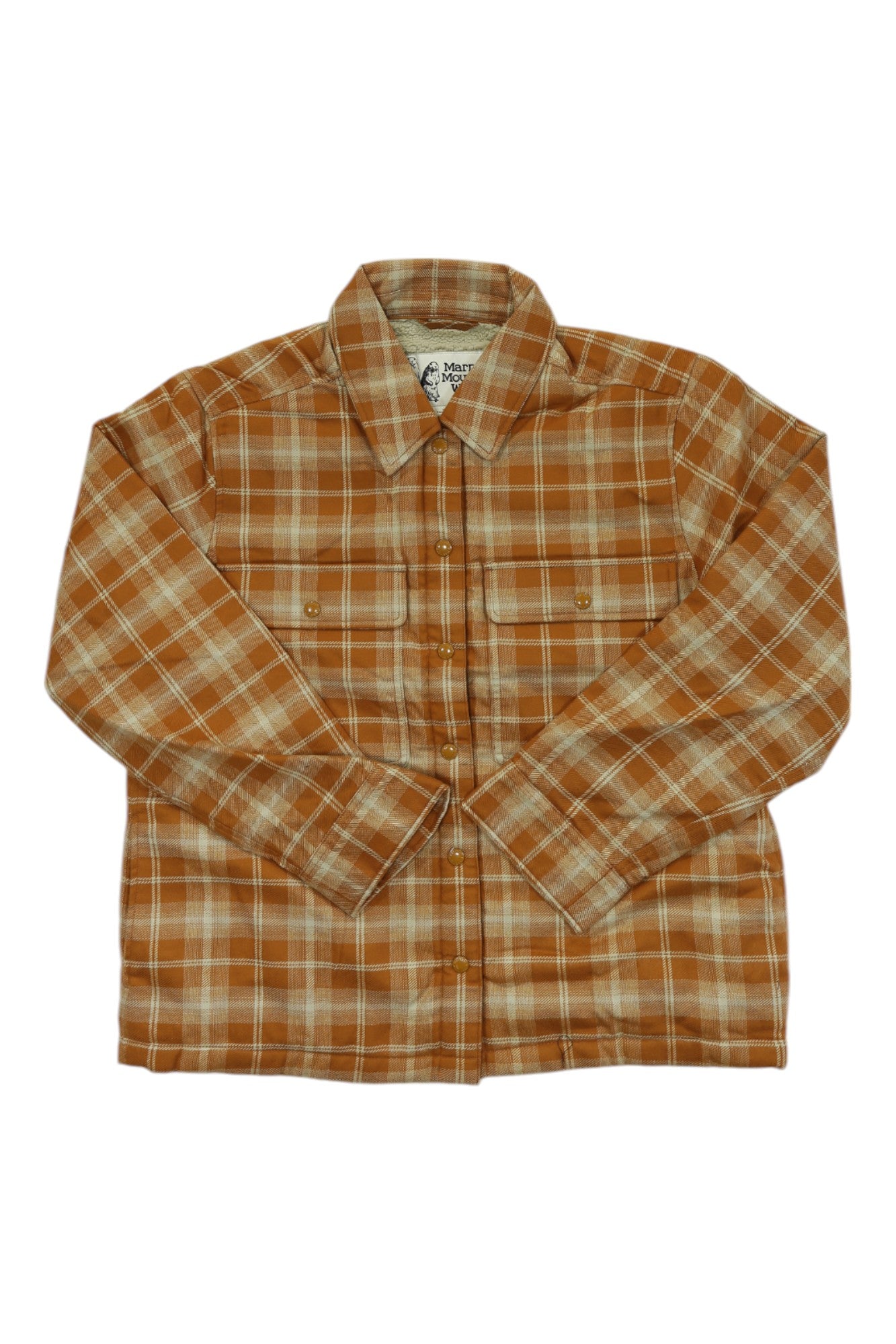 The Marmot Womens Ridgefield Heavyweight Sherpa-Lined Flannel Jacket is a brown and white plaid long-sleeve button-up with two front chest pockets—ideal for chilly days as a cozy flannel jacket.