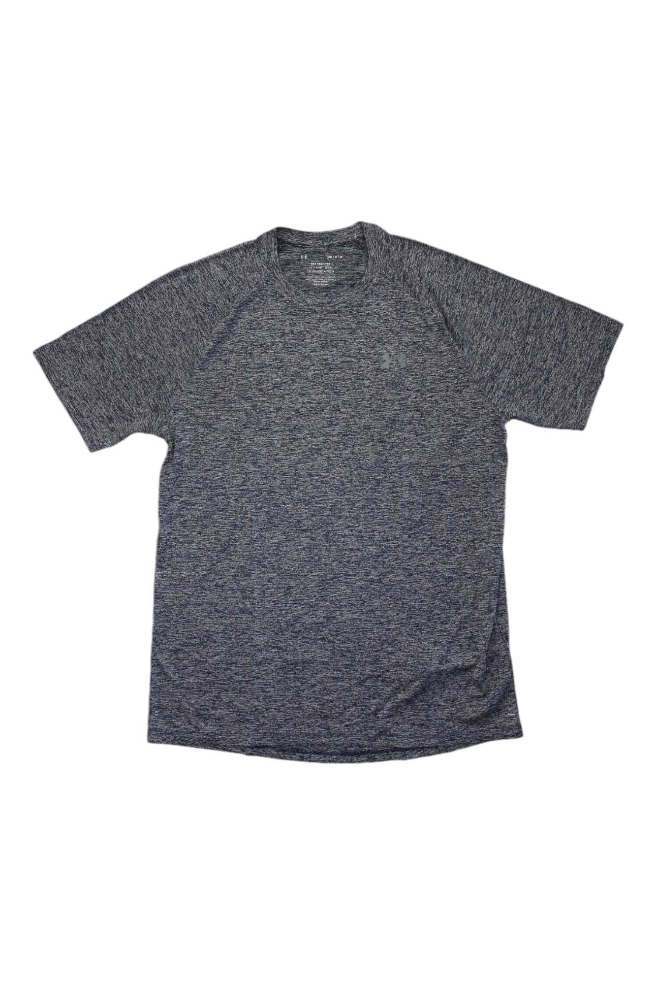 The Under Armour Men's UA Tech 2.0 SS Tee, in heathered dark gray, is a short-sleeve, moisture-wicking athletic top with a crew neckline and a simple design, shown laid flat on a white background without visible logos or patterns.